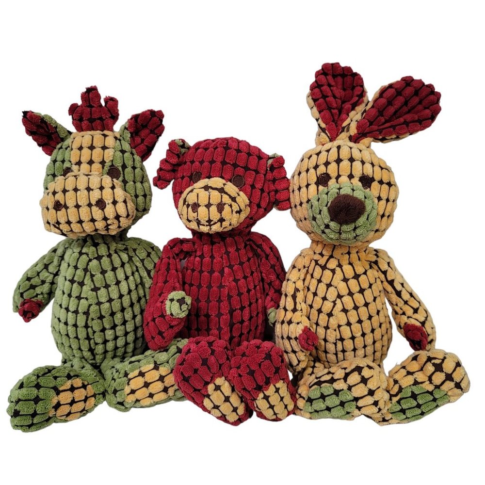 dog toy set of 3 squeak toys rabbit, giraffe pig yellow red green
